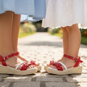 Red & White Braided Espadrille Wedge Sandal
